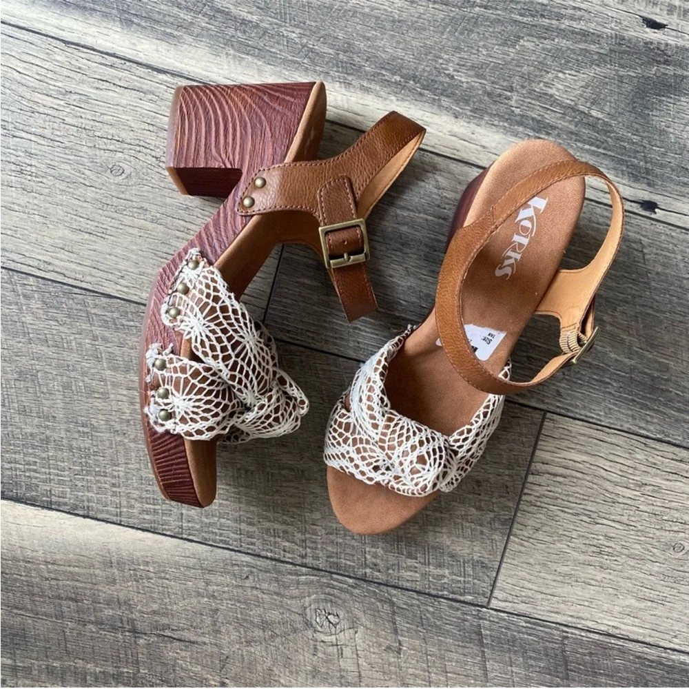 NWT Korks Natalia Cream Crochet Lace Sandals Heel Platform Brown Tan Leather 11